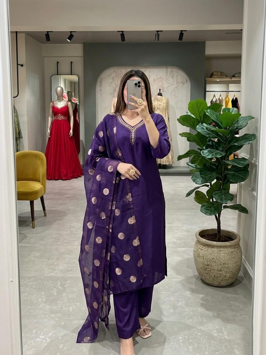 Purple Embroidered Kurta Set with Banarasi Dupatta